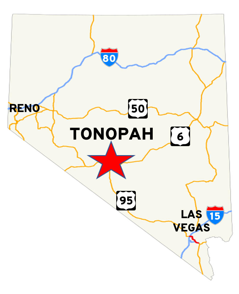 Map of Nevada with US and Interstate highways showing Tonopah in relationship to Reno and Las Vegas